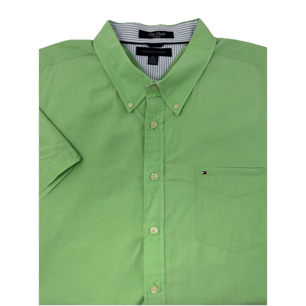 Tommy Hilfiger City Poplin Slim Lime Green Short Sleeve Shirt Mens XXL